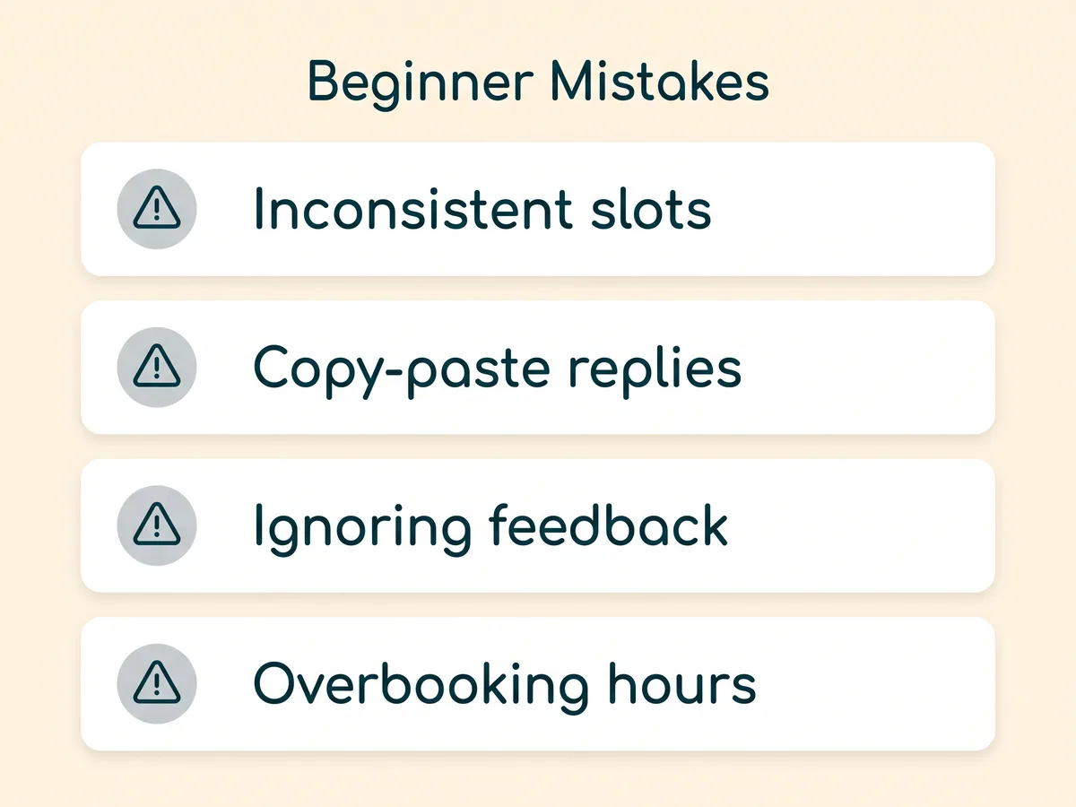 Four beginner chat operator mistakes: inconsistent slots, copy-paste replies, ignoring feedback, overbooking