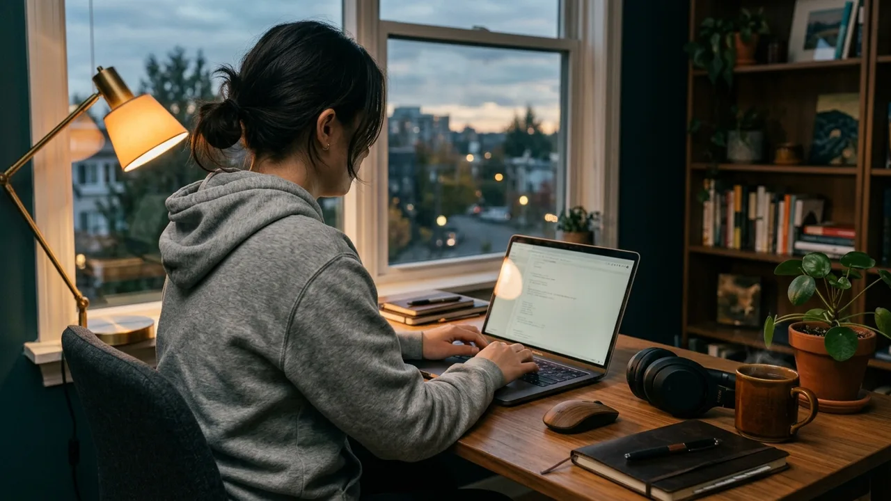 Quiet home desk at dusk: a remote worker typing on a laptop, headphones set aside