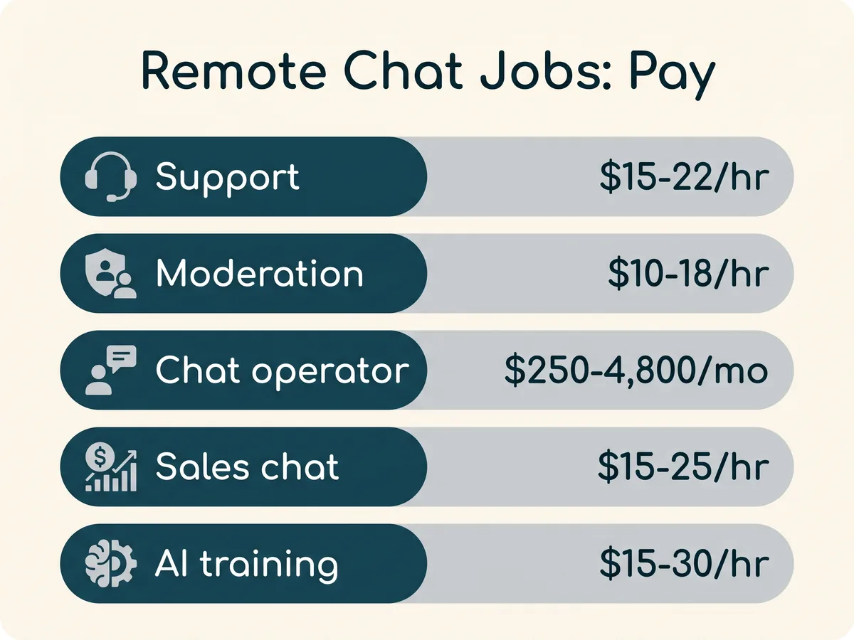 Pay comparison of five remote chat job types: support, moderation, chat operator, sales chat, AI training
