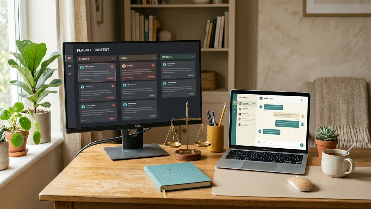 Two screens side by side: a moderation queue with flagged messages and a live chat window, with a balance scale between them