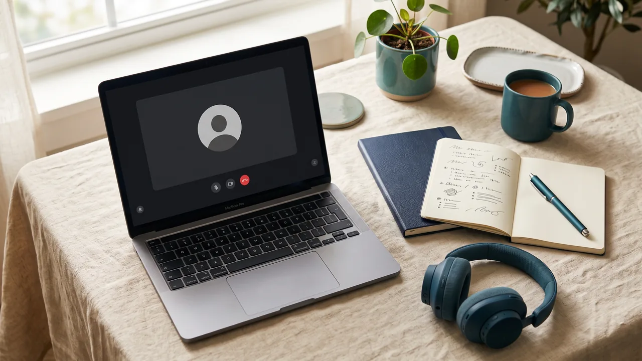 Laptop with a video-call screen, notes and headphones — preparing for a chat operator interview