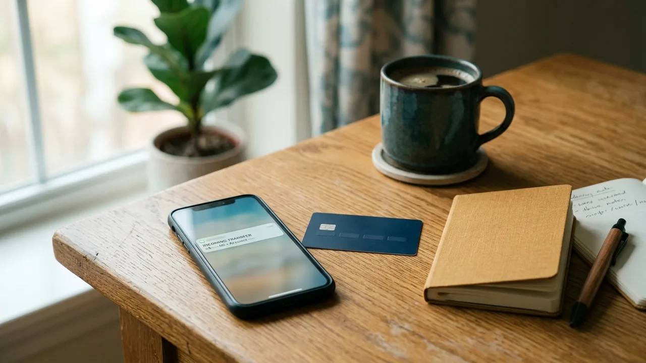 Wooden desk with a phone showing an incoming transfer notification, a bank card, a notebook and coffee