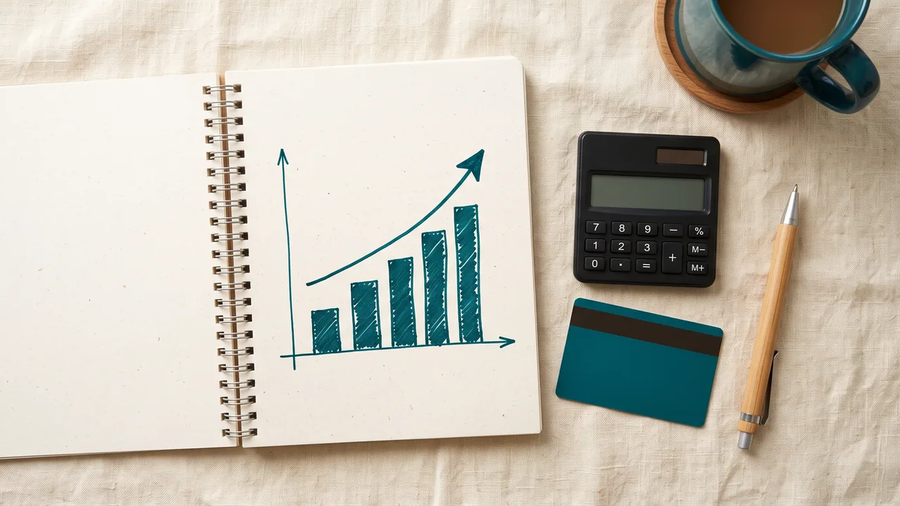 Notebook with a rising income bar chart, calculator and bank card — chat operator salary growth