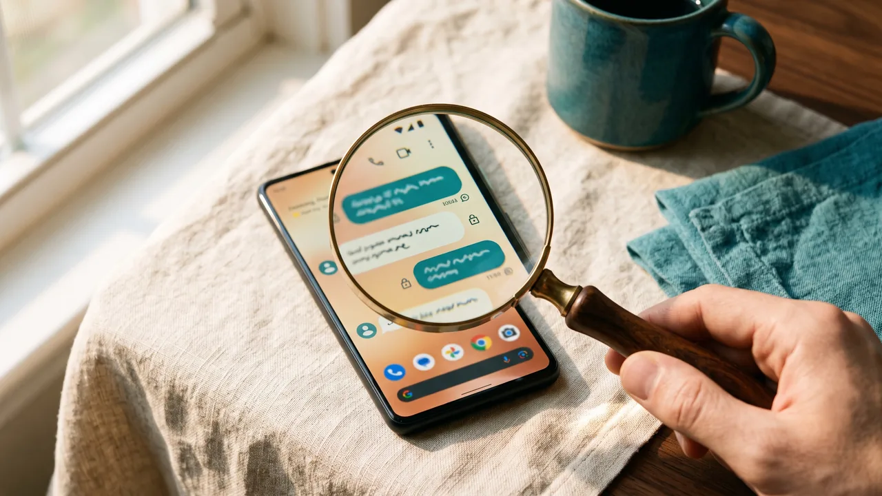 Magnifying glass over a phone with a chat app — checking whether a chat operator job is legit