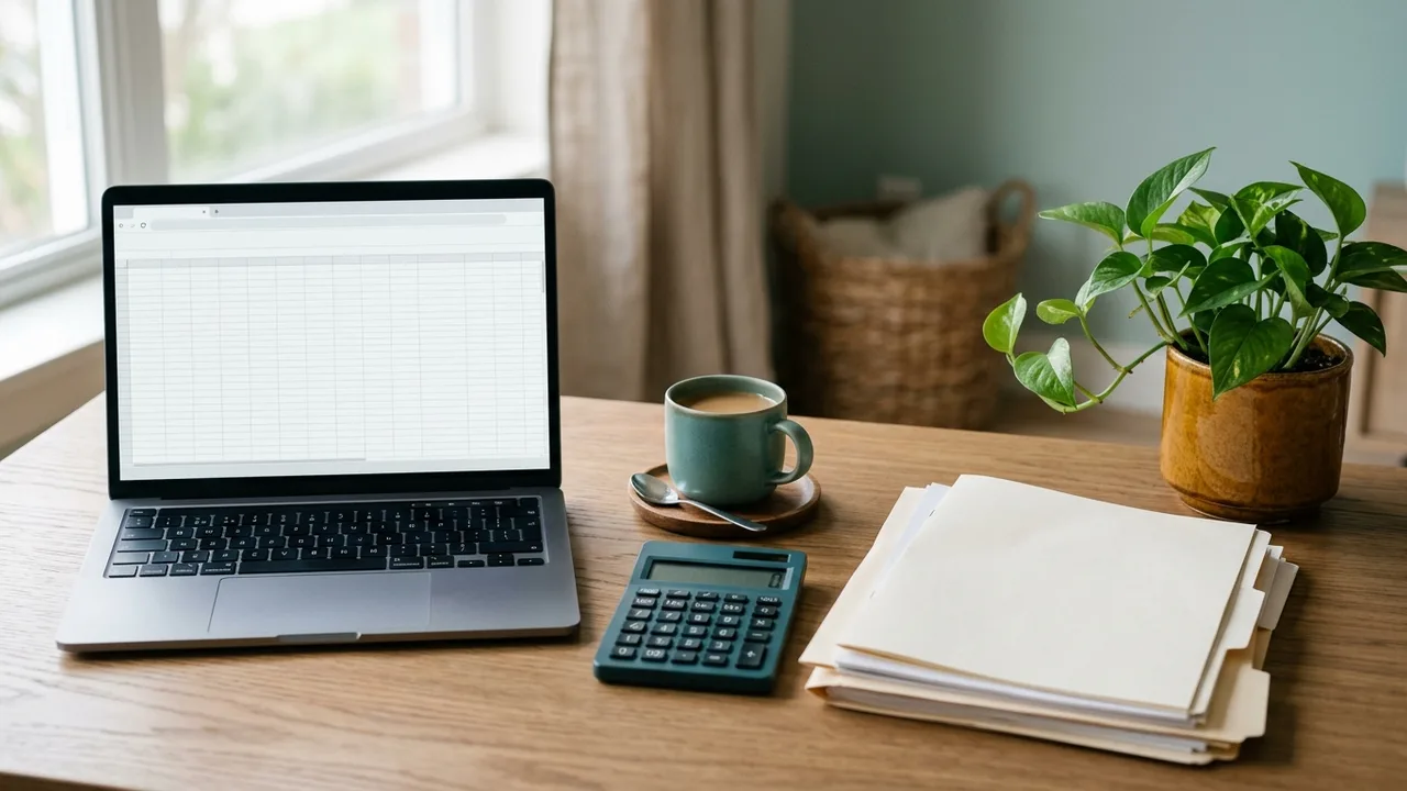 Calm desk with a laptop showing a blank spreadsheet, a calculator, a stack of documents and a plant