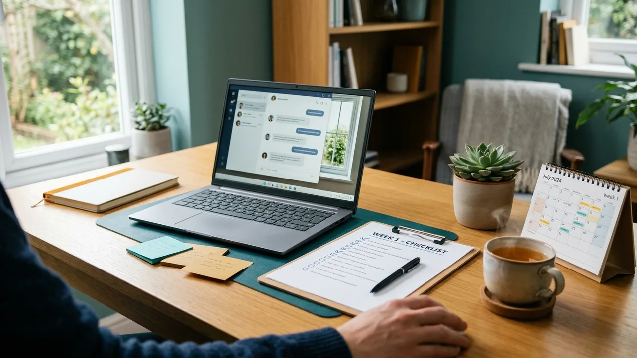 Bright morning desk of a new remote worker: laptop with a chat window, ticked checklist, sticky notes and tea
