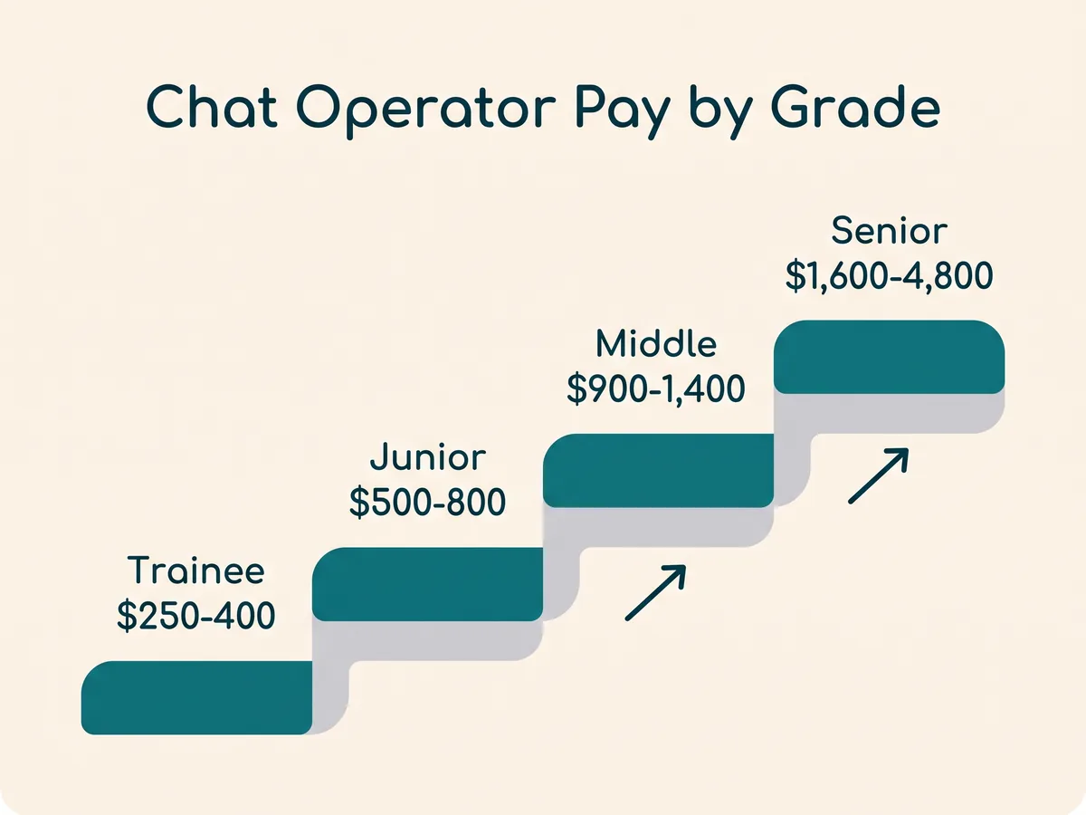 Chat operator pay ladder by grade: Trainee $250–400 up to Senior $1,600–4,800 per month