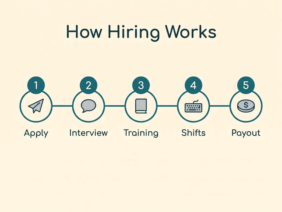 Five hiring steps for a chat operator: apply, interview, training, first shifts, first payout
