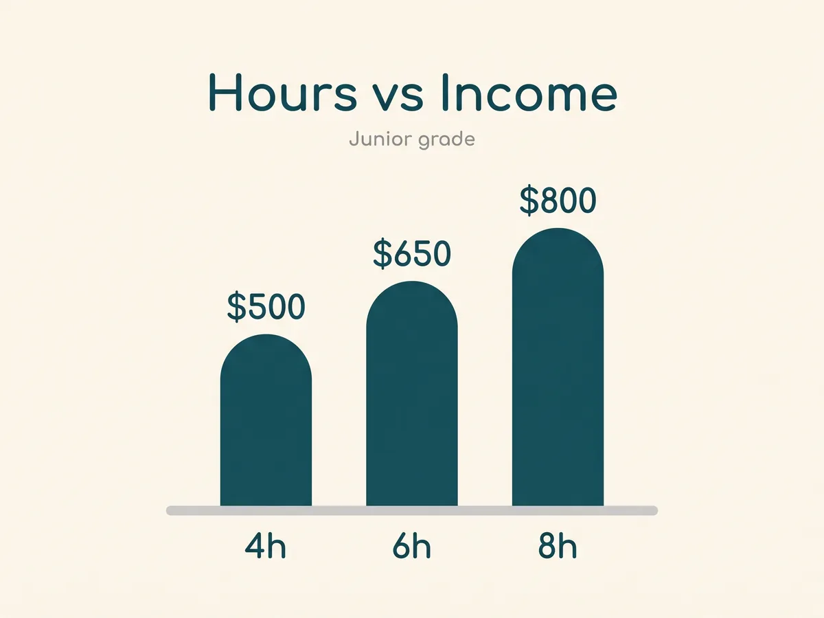 Junior chat operator income by hours per day: about $500 at 4 hours, $650 at 6, $800 at 8