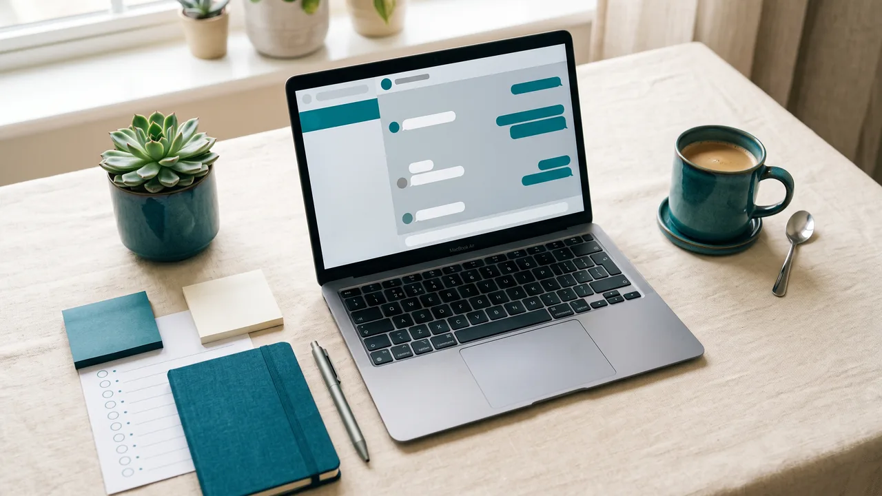 Beginner chat operator workspace: laptop with chat window, checklist and coffee