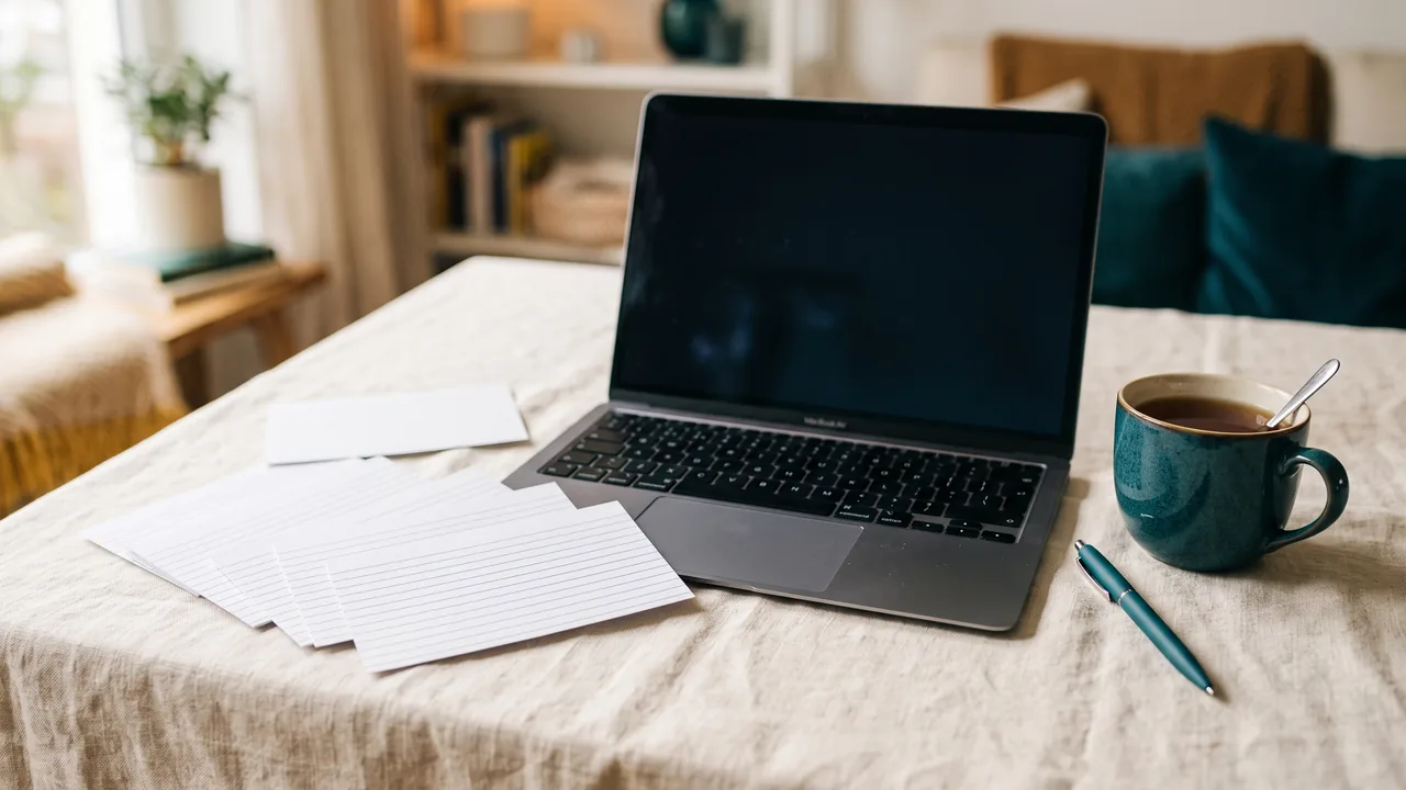 Question cards and notebook next to a laptop — preparing for a chat operator interview