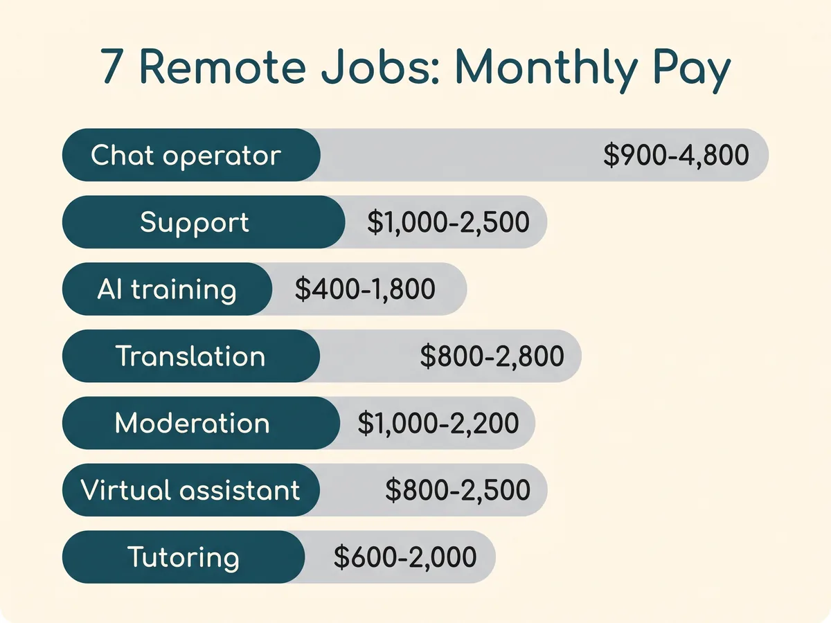 Monthly pay comparison of seven entry-level remote jobs, from chat operator to online tutoring