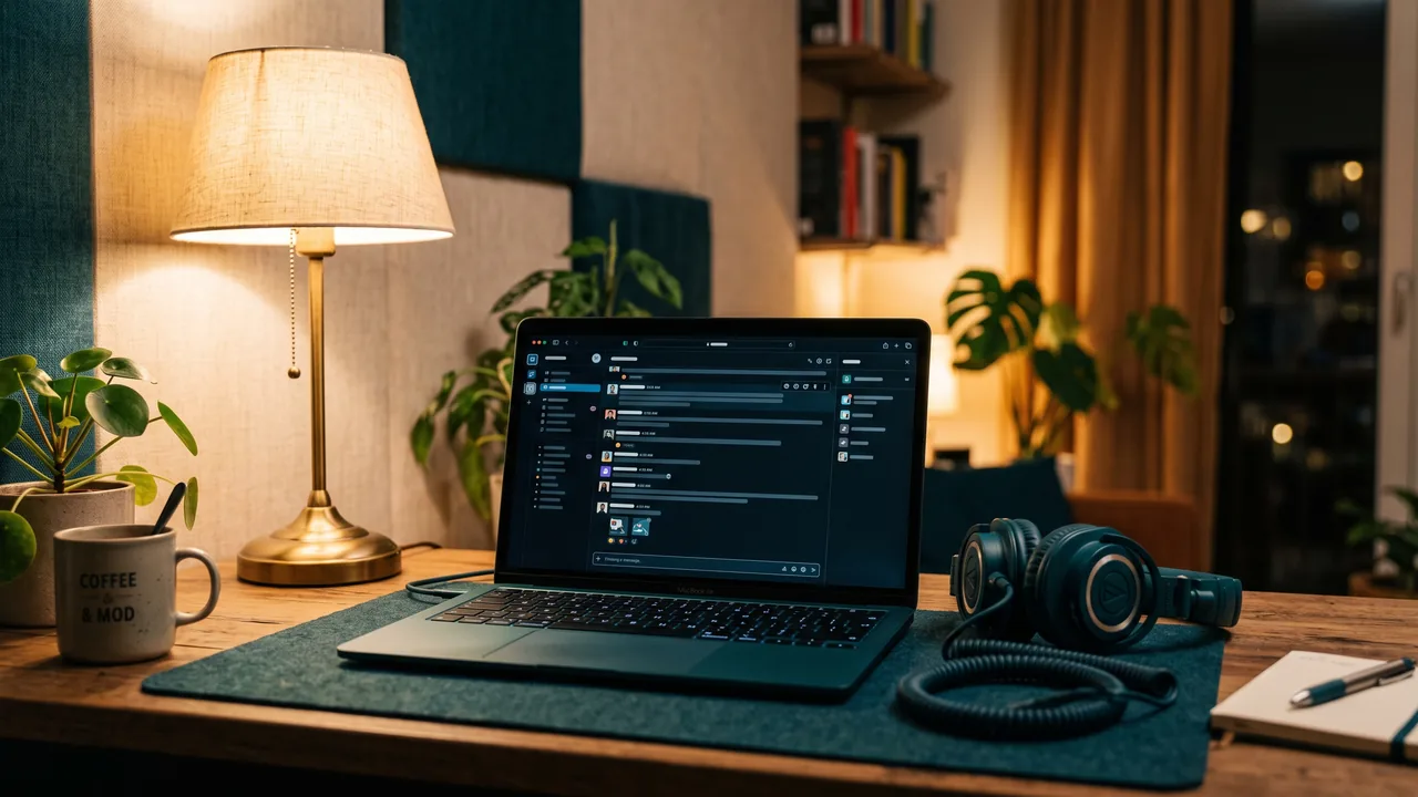 Night moderation workspace: laptop with a dark message feed and a desk lamp