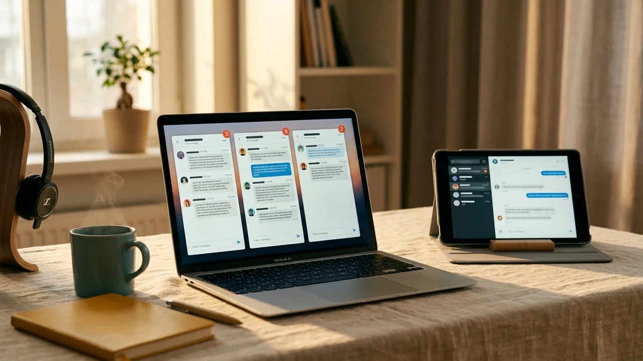 Laptop with three live-chat conversations and a tablet with a fourth — a busy online chat support shift