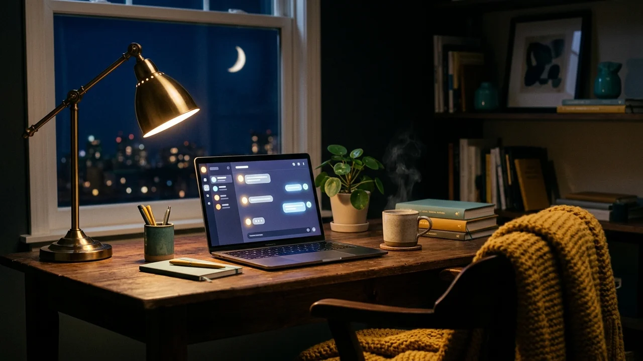 Night home office lit by a desk lamp: laptop with a glowing chat interface, coffee and a blanket — overnight remote shift