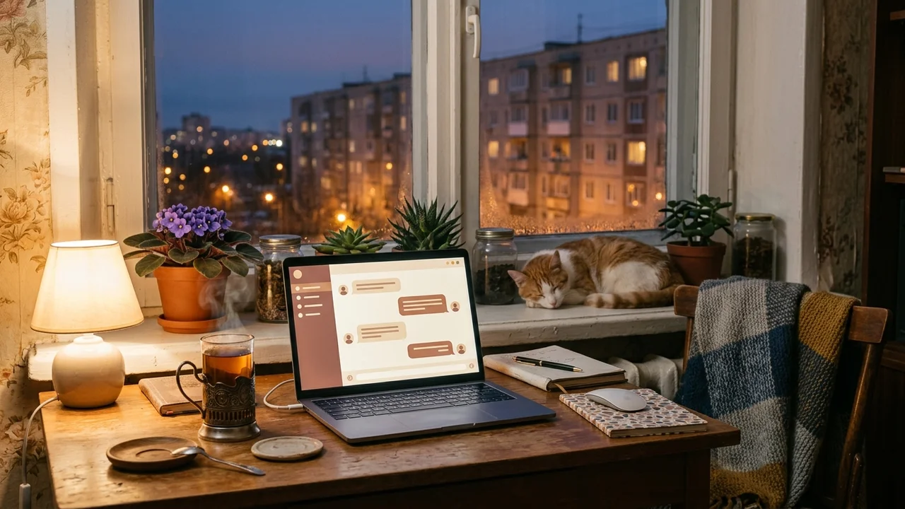 Home workspace of a chat operator: laptop with open conversations and a notebook
