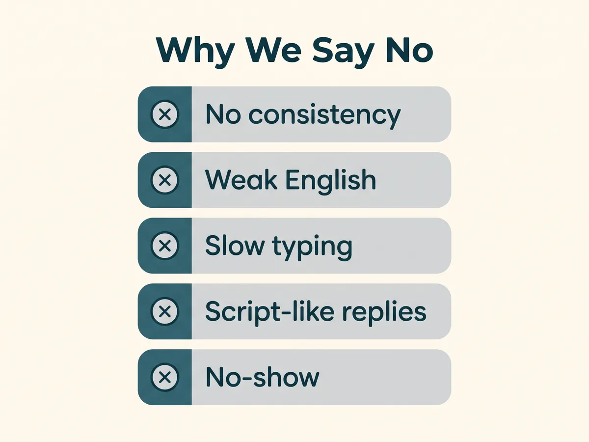 Top five reasons chat operator candidates get rejected: inconsistency, weak English, slow typing, scripted replies, no-shows