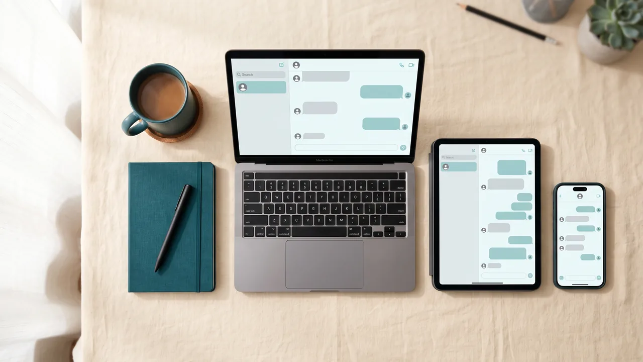 Laptop, tablet and phone on a desk, each showing a chat interface — the range of remote chat jobs