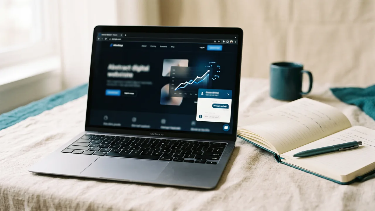 Laptop with a sales chat widget and a small growth chart — sales chat agent workspace