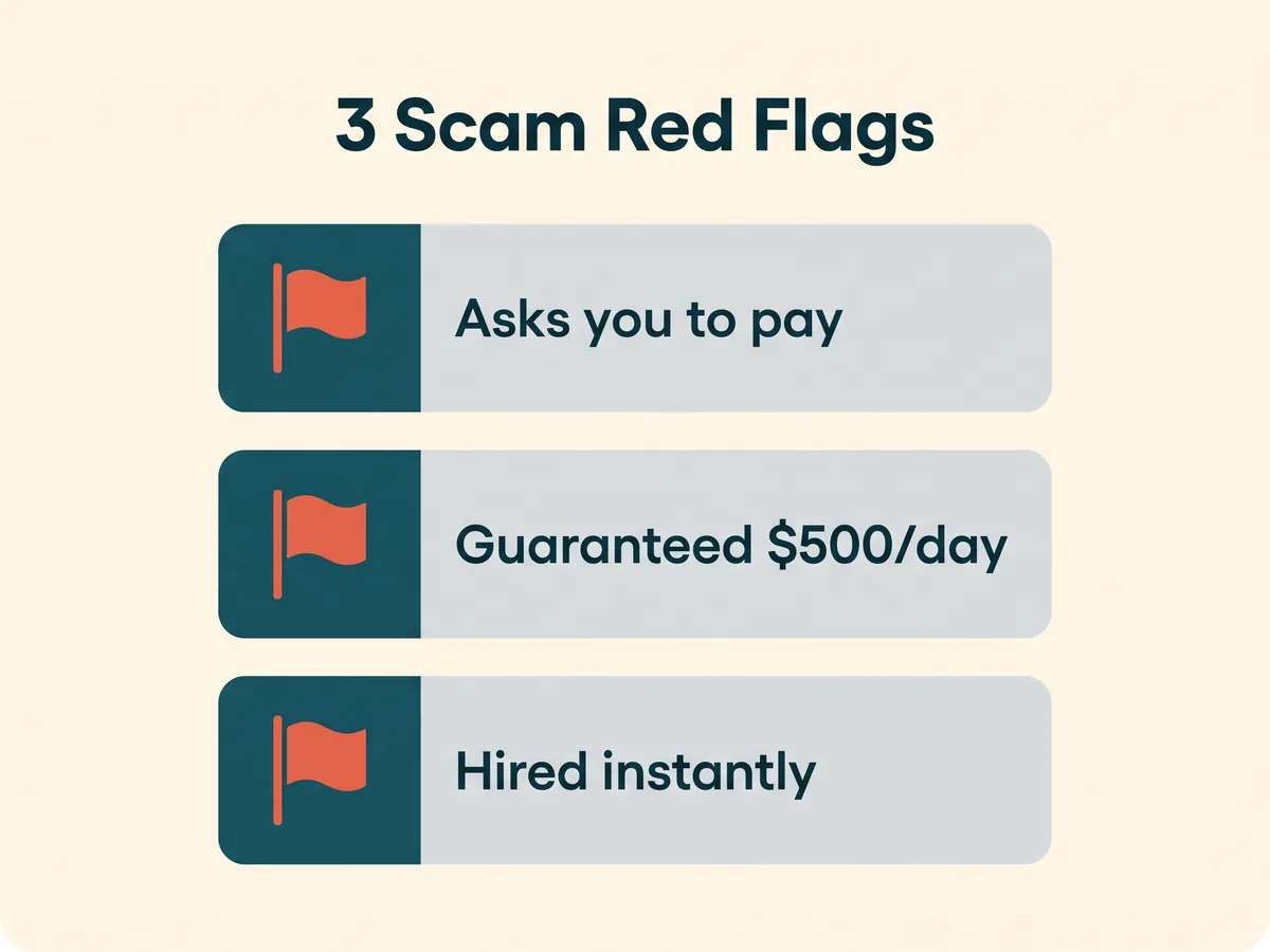 Three scam red flags in chat job offers: asks you to pay, guarantees $500 a day, hires you instantly