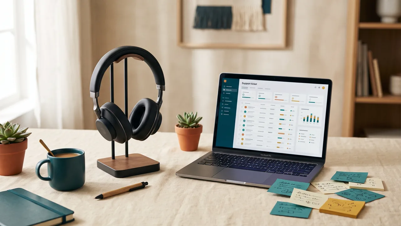 Headset and laptop with a support ticket dashboard — remote customer support workspace
