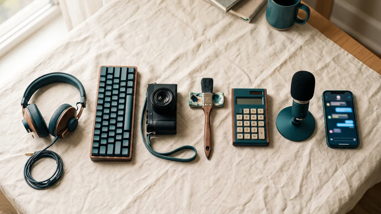Seven objects for seven remote jobs in a row: headphones, keyboard, camera, brush, calculator, microphone, phone