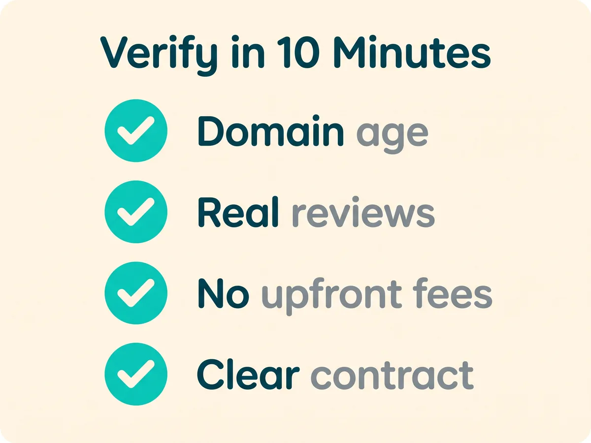 Ten-minute employer verification checklist: domain age, real reviews, no upfront fees, clear contract