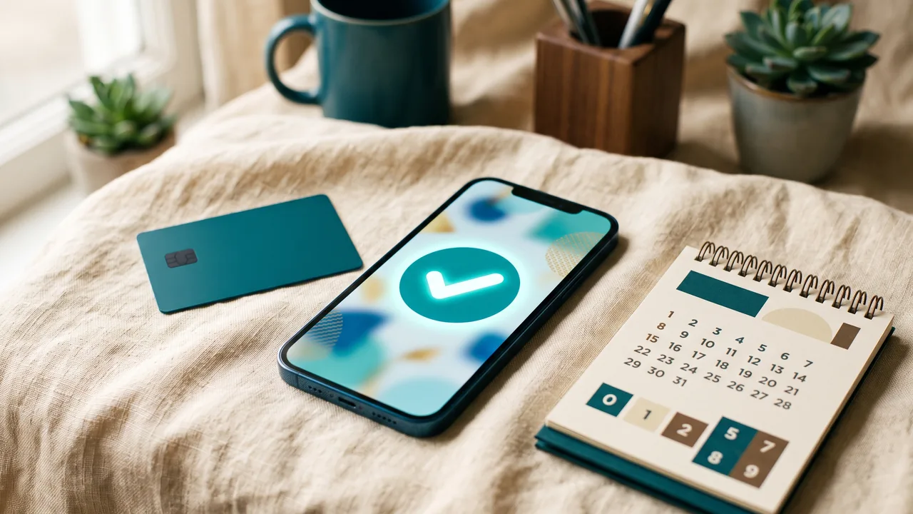 Phone with a completed payment screen, bank card and calendar — weekly chat operator payouts